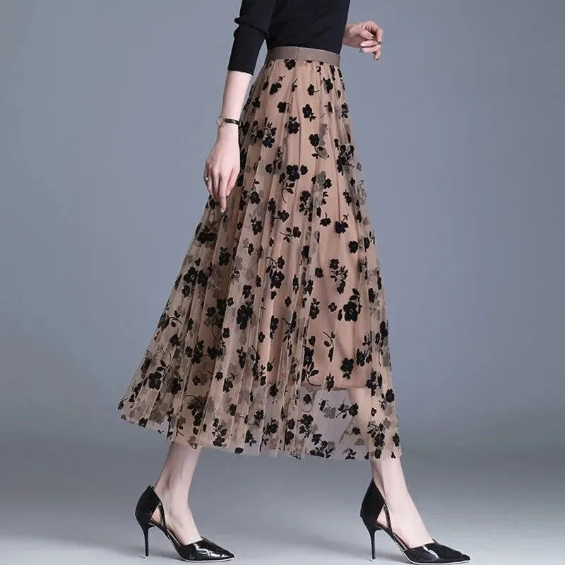 GIDYQ Korean Women Fashion Hook Flower Loose Midi Skirt