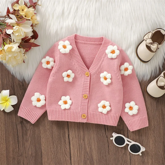 0-36M Infant Girl Sweater Cardigan Long Sleeve V Neck Button Closure