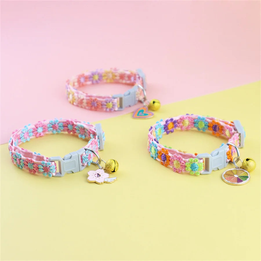 Colorful Lace Cat Collar with Bell and Flower Pendant