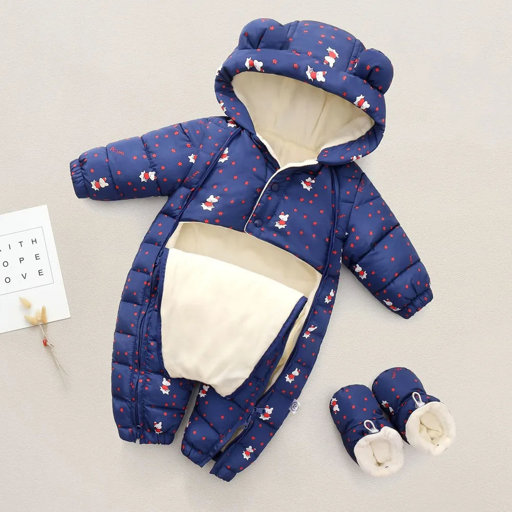 Jumpsuit Hooded Plus Velvet Warm  New born Baby clothes