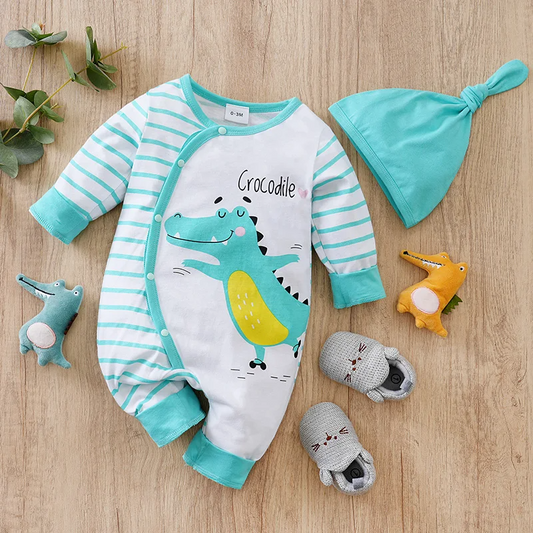 Casual Simple Cute Cartoon Crocodile Striped Hat Two-Piece Set