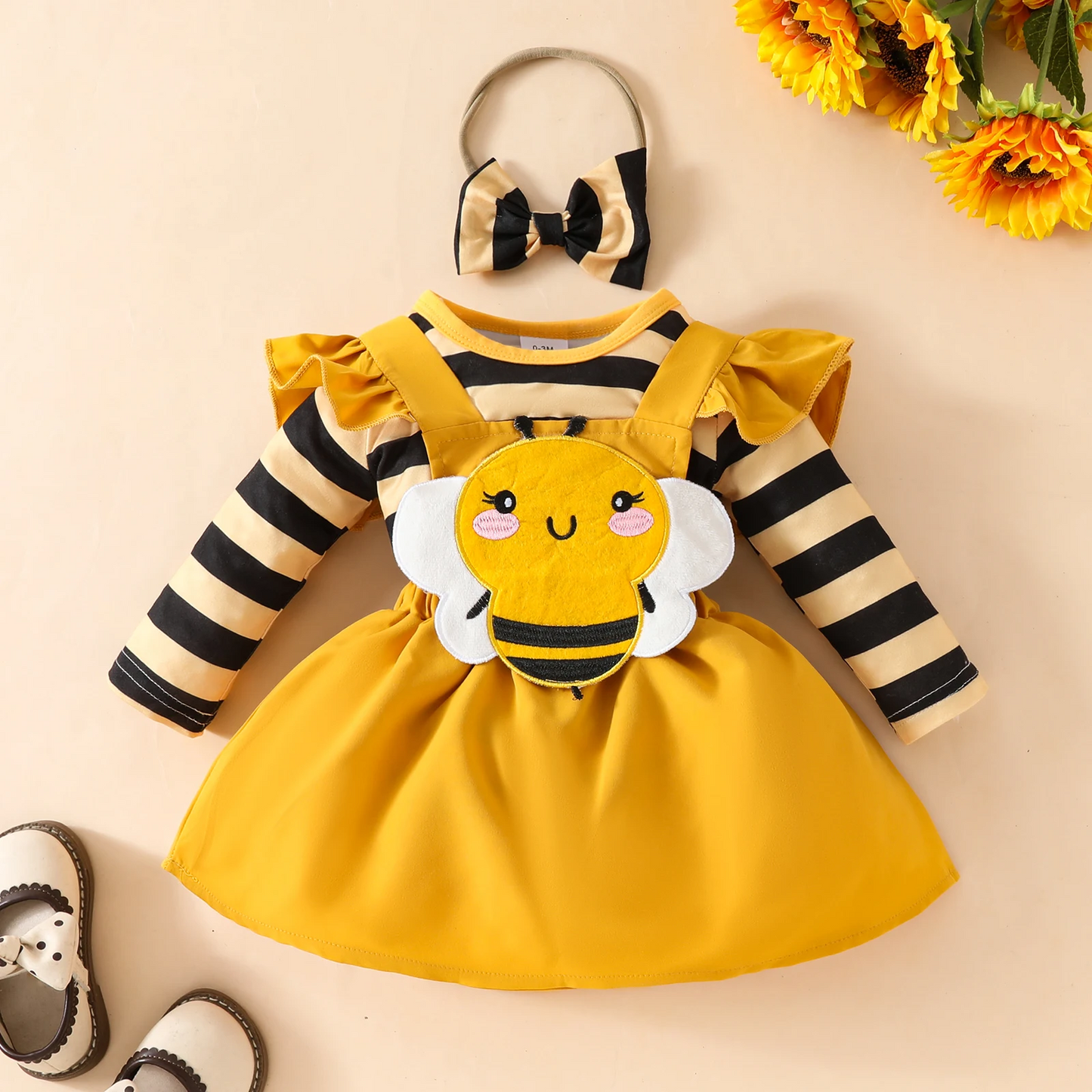 Long Sleeve Triangle Onesie + Bee Strap Skirt + Headband Set