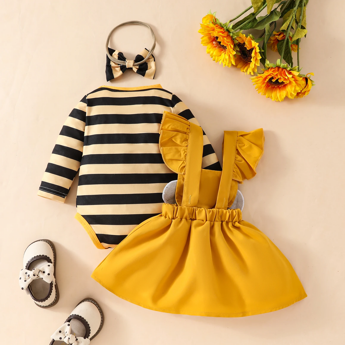 Long Sleeve Triangle Onesie + Bee Strap Skirt + Headband Set