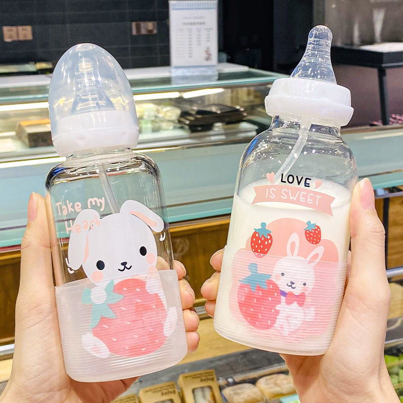 Glass Portable Cartoon Milk Student Cup Waterbottle with Straw