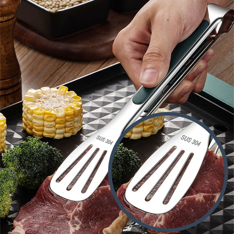 1pc Non Slip Stainless Steel Food Tongs Meat Salad Bread Clip