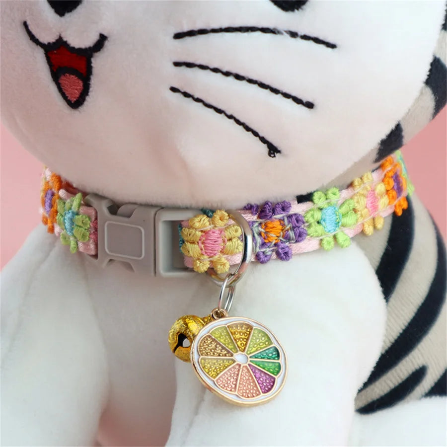 Colorful Lace Cat Collar with Bell and Flower Pendant