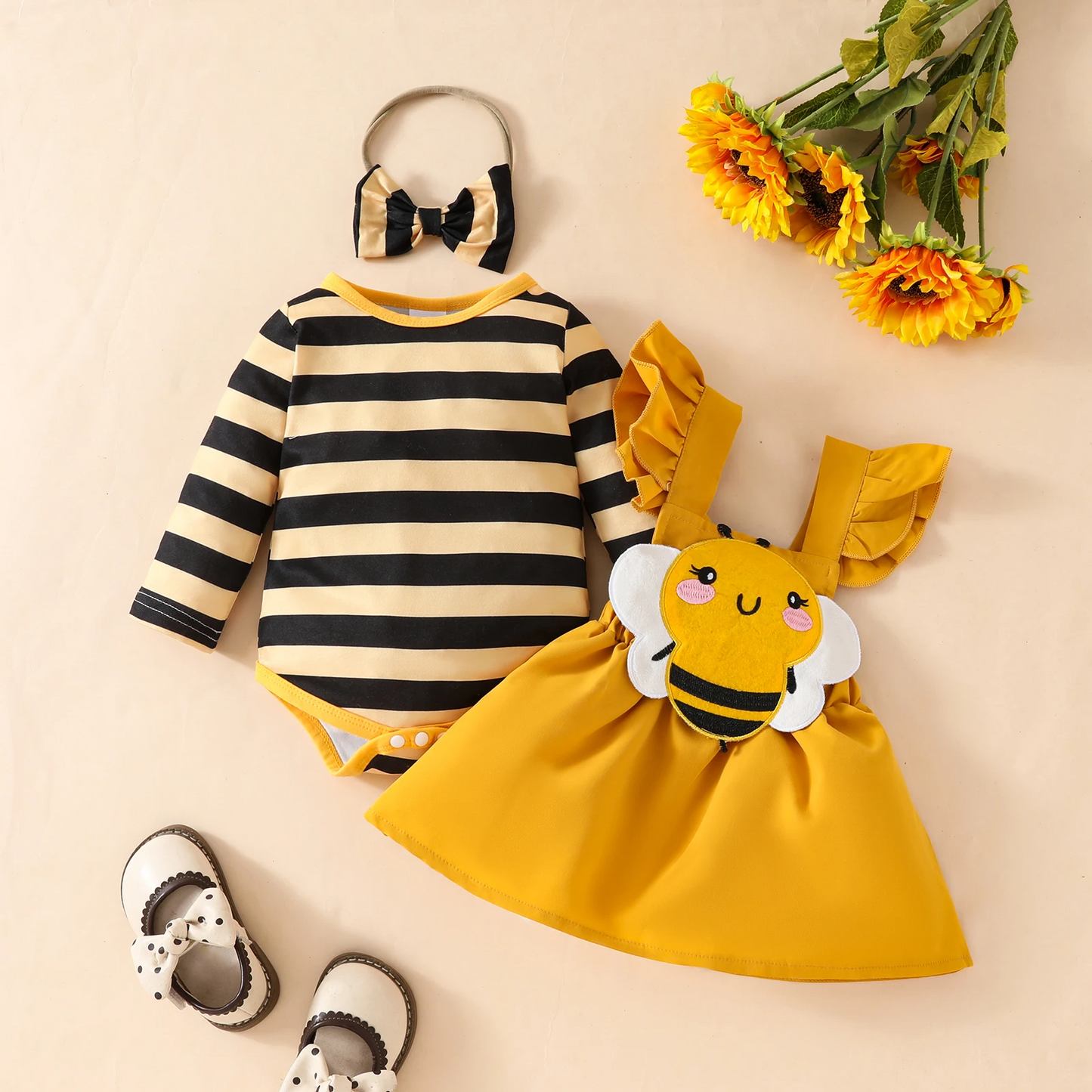 Long Sleeve Triangle Onesie + Bee Strap Skirt + Headband Set