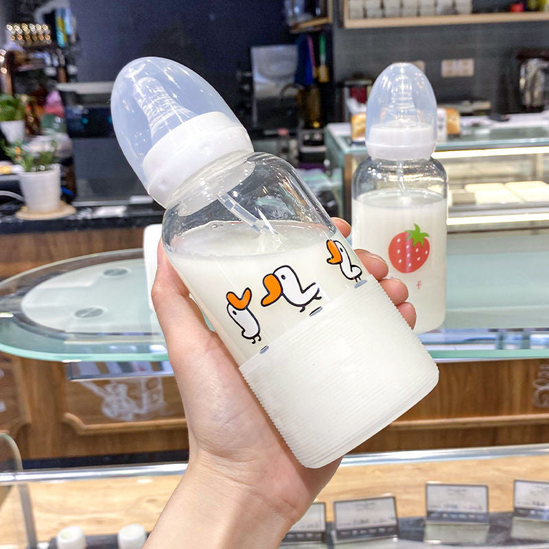 Glass Portable Cartoon Milk Student Cup Waterbottle with Straw