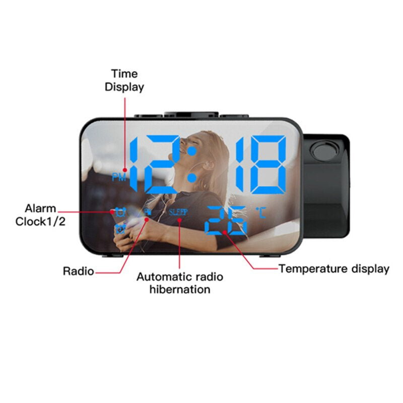 T8 LED Projection Digital Alarm Clock FM Radio With Temperature Mirror