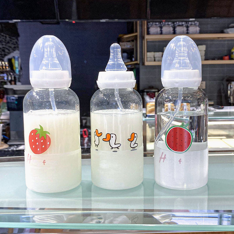 Glass Portable Cartoon Milk Student Cup Waterbottle with Straw