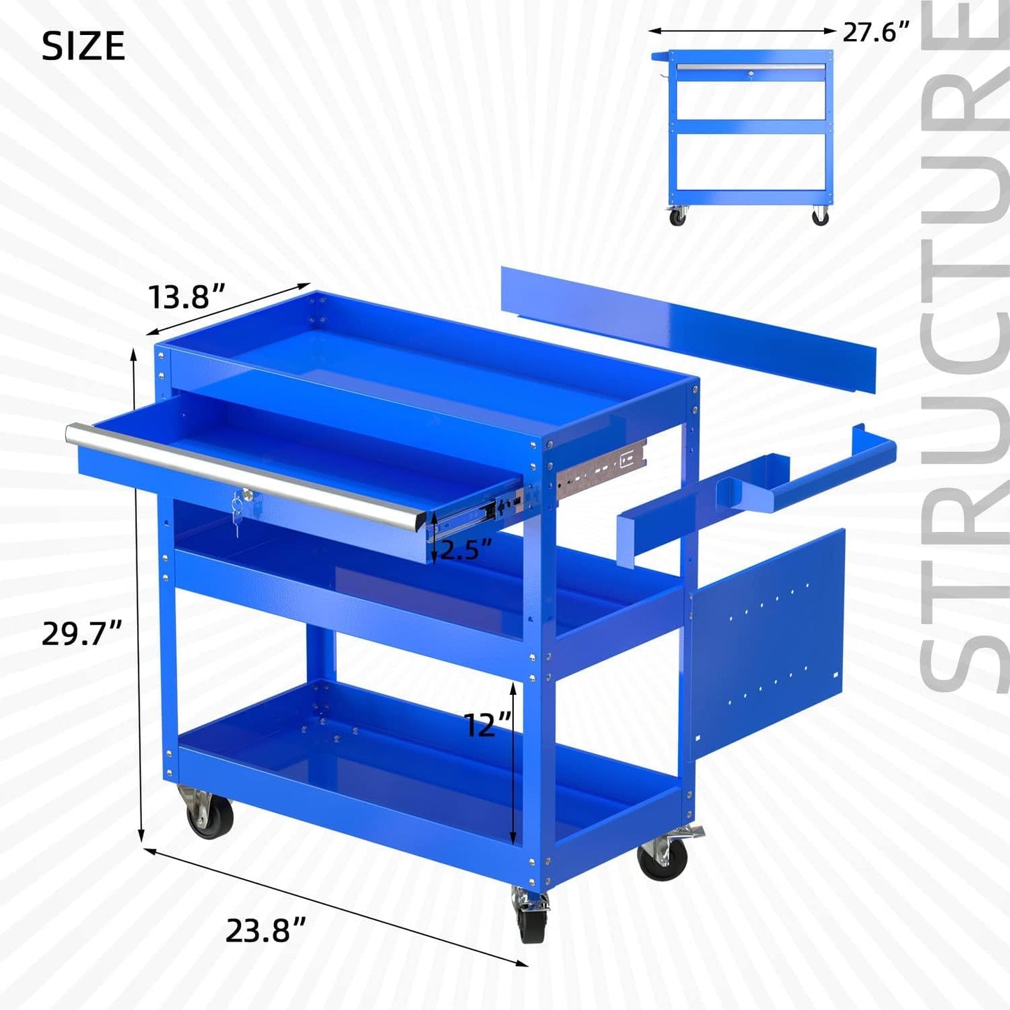 Yenntrss 3-Tray Tool Cart with Lock Drawers and Wheels