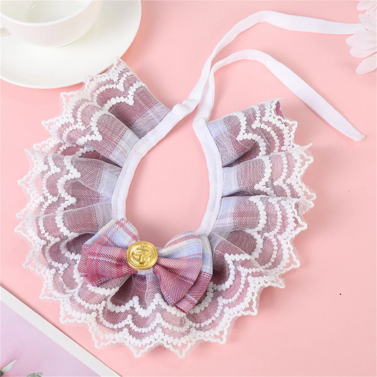 Lace Pet Scarf with Daisy Bow and Pearl Bell Pendant