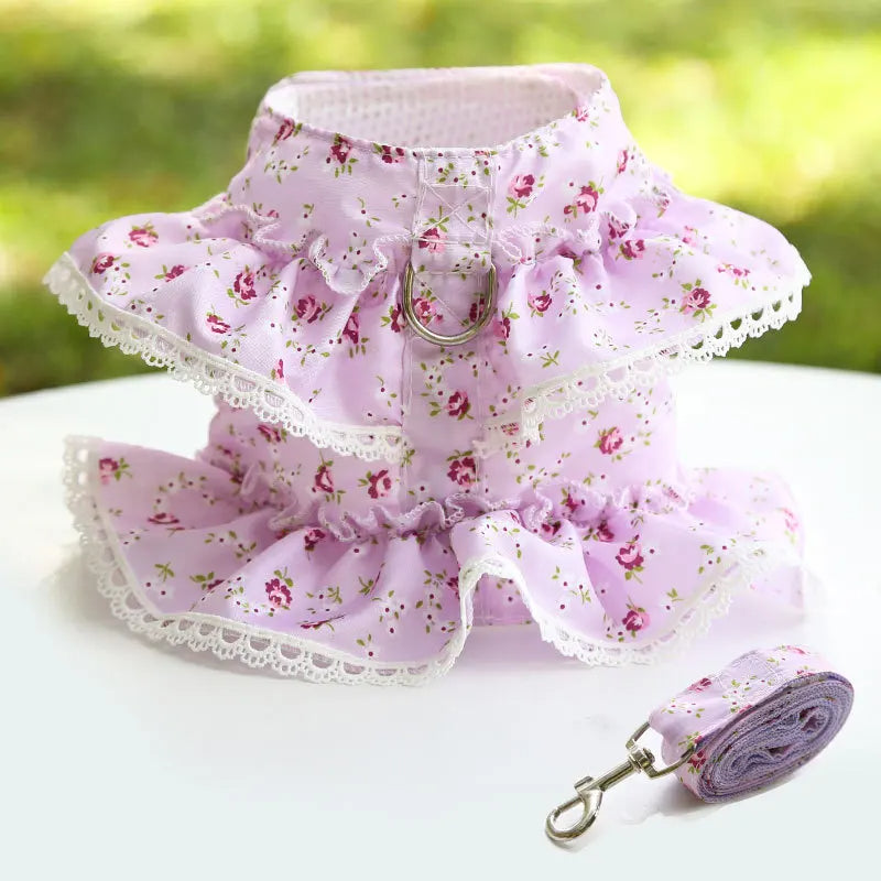 Adjustable Lace Floral Printed Pet Harness Vest and Leash Set