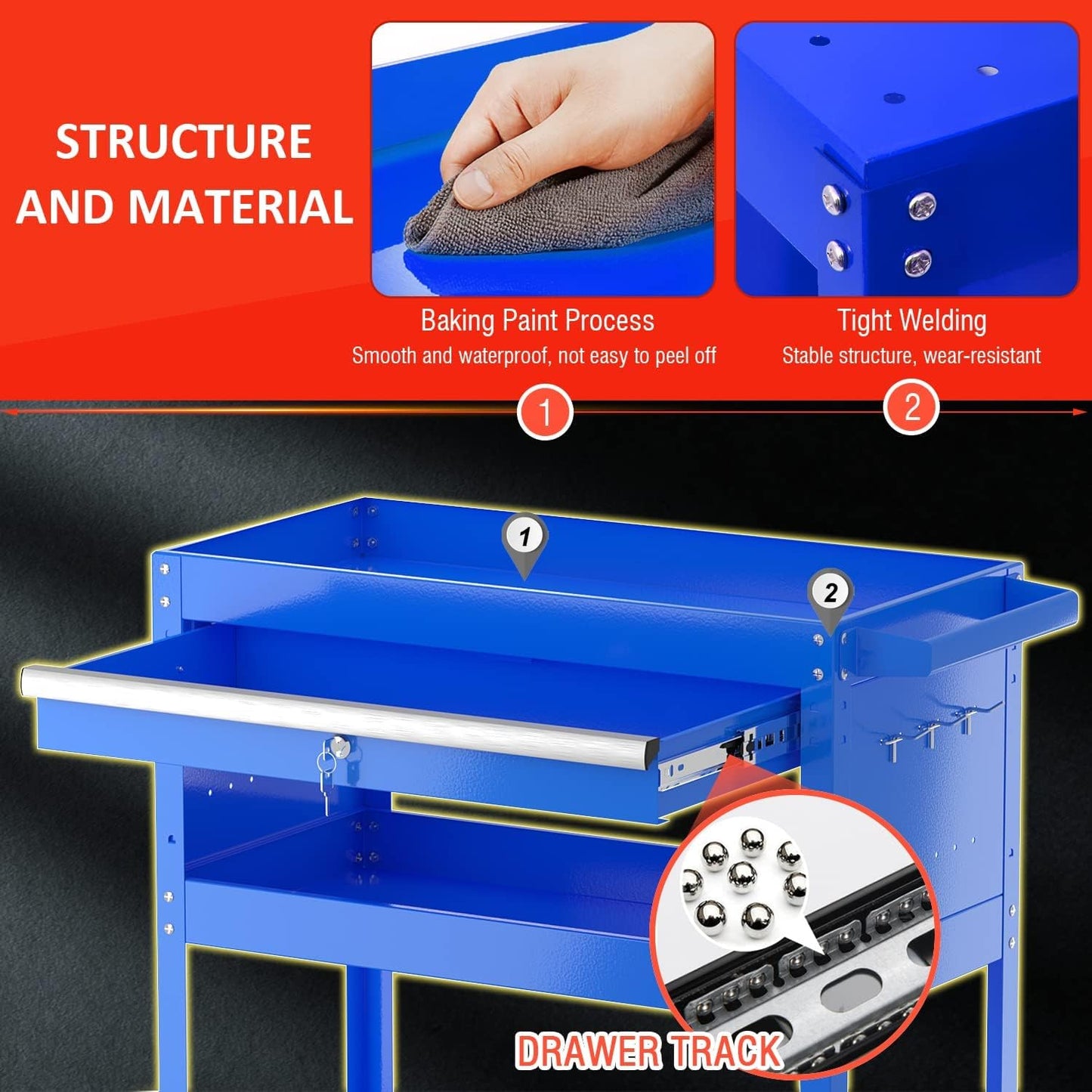 Yenntrss 3-Tray Tool Cart with Lock Drawers and Wheels