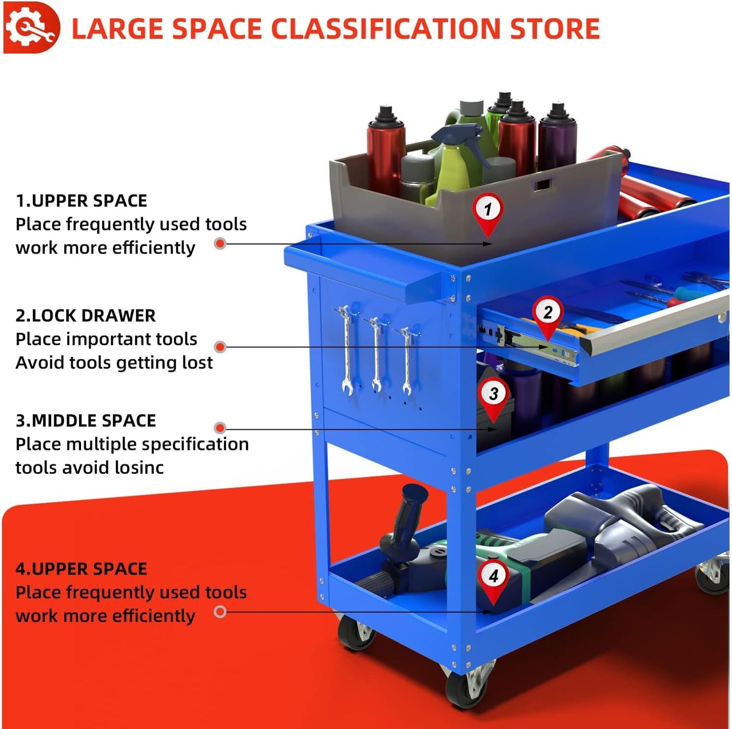 Yenntrss 3-Tray Tool Cart with Lock Drawers and Wheels