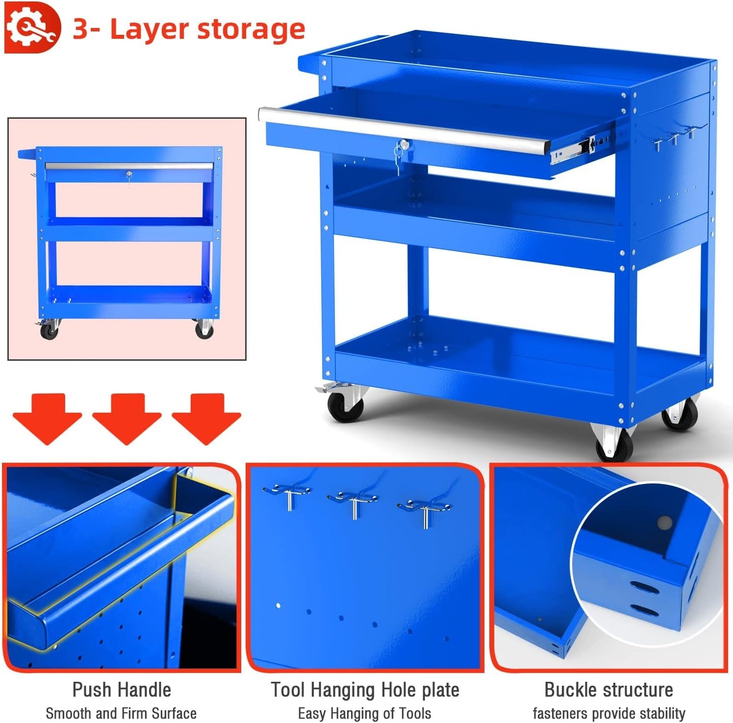 Yenntrss 3-Tray Tool Cart with Lock Drawers and Wheels