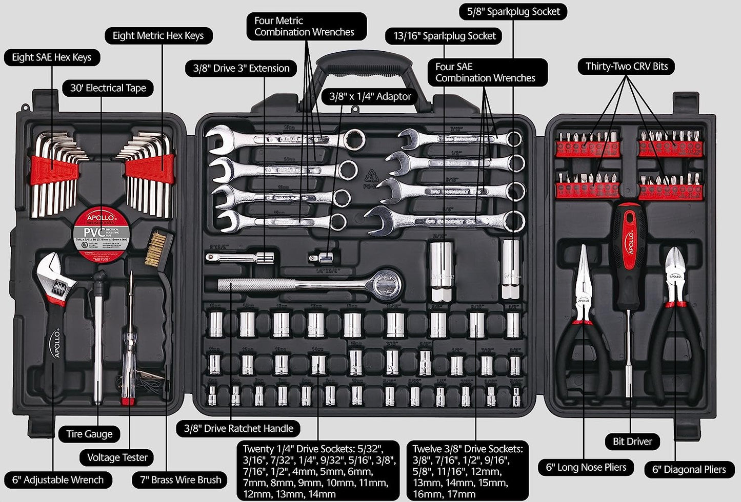 Apollo Tools 101 Piece Mechanic Tool Set for Roadside Emergencies.