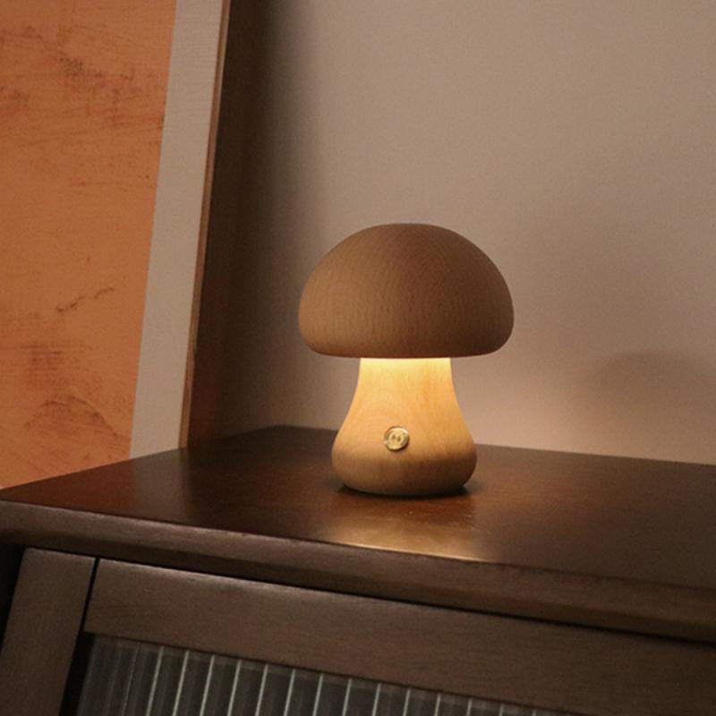 Wooden Cute Mushroom Bedside Table Lamp Ins LED Night Light