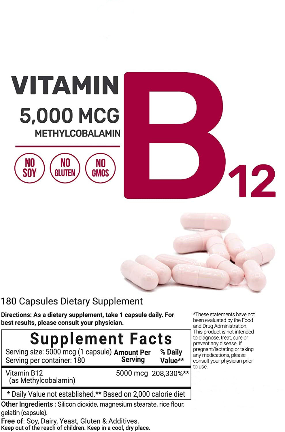 Organic Vitamin B12 Methylcobalamin Supplement,Vitamin B12 Capsules Supports Brain Cells and Nerve Tissue