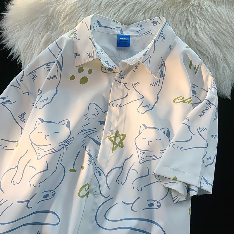 Japanese fun cartoon cat print white shirt