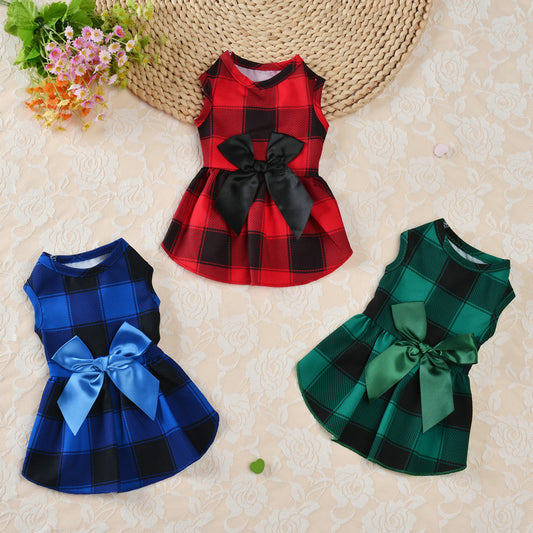 Dog Clothes Plaid Skirt Sweet Dog Bowknot Princess Dress