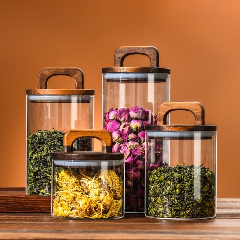 Glass Food Storage Jars with Wooden Lid