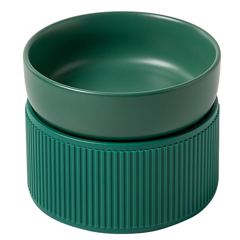 Green Ceramic Cat Bowl with High Leg Neck Guard and Anti-Spill Design